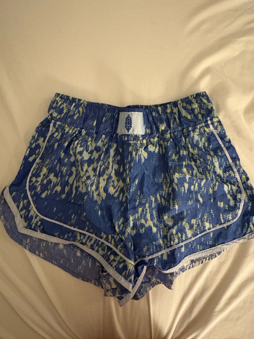 Free People Blue and Yellow Abstract Print Athletic Shorts